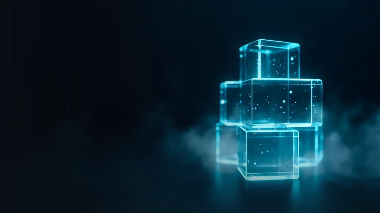 A dark background with glowing glass blocks joined by cyan light on the right.
