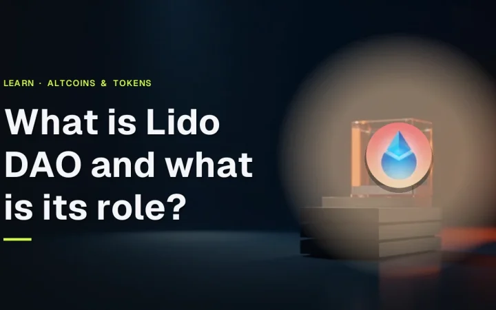 Lido DAO logo over a dark navy background with a glass block and steel plates glowing orange on the right.