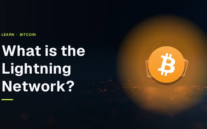 The title What is the Lightning Network with the Bitcoin logo over two glowing glass blocks joined by orange light on dark navy.