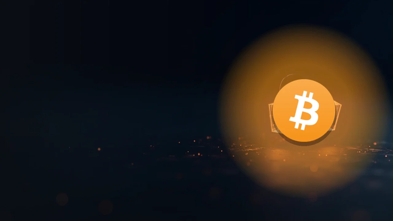 Bitcoin-logoet over to glødende glasblokke forbundet af orange lys på mørk navyblå.