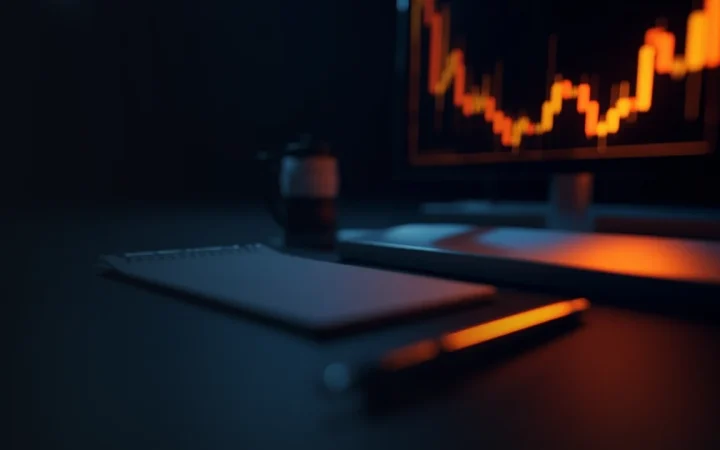 Ett mörkblått skrivbord med en glödande orange prisstege och abstrakta staplar på en monitor, ett tomt orderblock och en penna i skuggan.