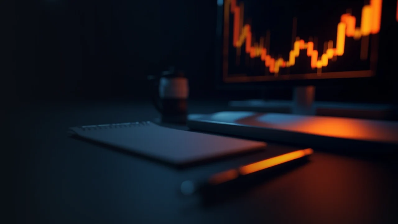 A dark navy desk with a glowing orange price ladder and abstract bars on a monitor, a blank order pad and pen in shadow.