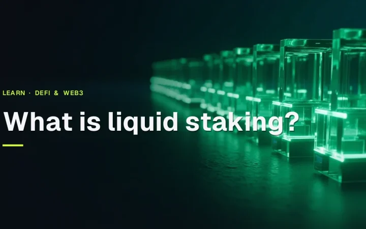 The title What is liquid staking? over glass blocks joined by glowing green light on a dark navy background.