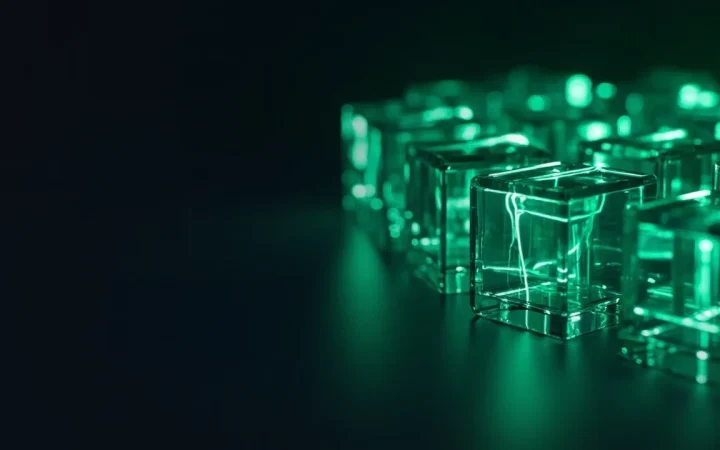 Glazen blokken verbonden door gloeiend groen licht op een donkerblauwe achtergrond.