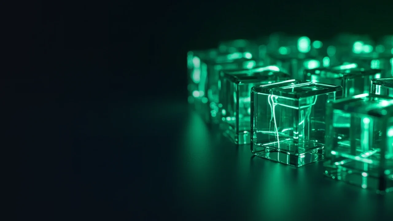 Glass blocks joined by glowing green light on a dark navy background.