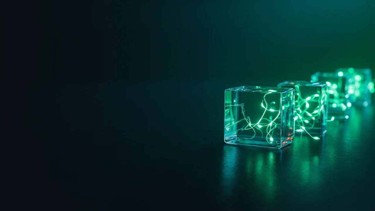 A dark background of glass blocks joined by green light on the right.