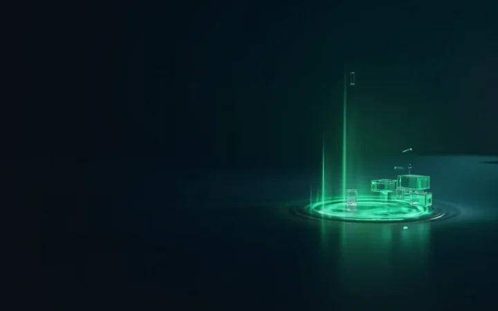 Ein dunkelblaues Hintergrundbild mit einem leuchtenden smaragdgrünen Pool und schwebenden Würfeln auf der rechten Hälfte.