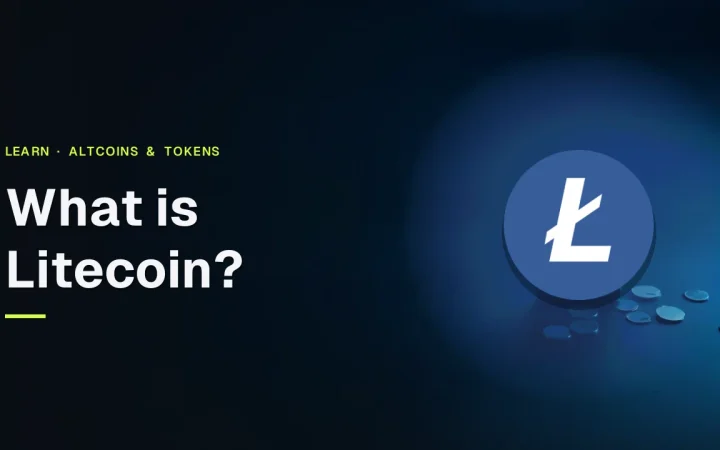 Titlen Hvad er Litecoin og det rigtige Litecoin-logo over en mørk navybaggrund med tomme sølvmønter og en hardware-wallet til højre.