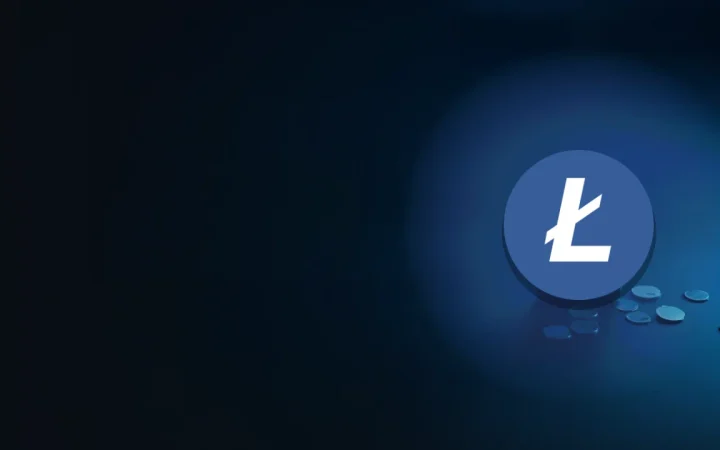 Litecoin-logoet over en mørk navybaggrund med tomme sølvmønter og en hardware-wallet til højre.