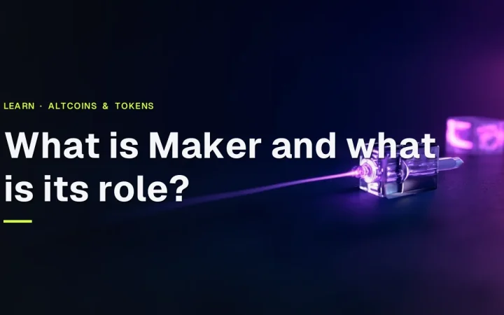 The title What is Maker and what is its role? over a dark navy background of glass blocks joined by violet light.