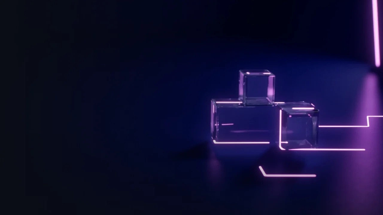 Un fond bleu marine foncé composé de blocs de verre reliés par une lumière violette.