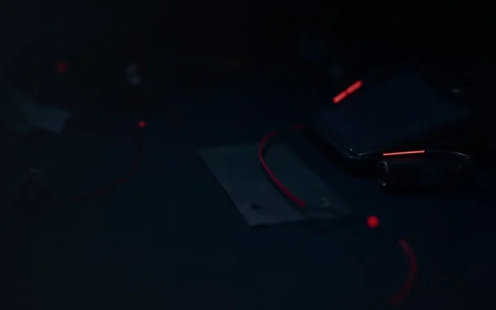 En blank hardware wallet, en stålplade og en hængelås på et mørkt navyfarvet skrivebord oplyst af glødende rødt lys, med venstre side mørk og tom.