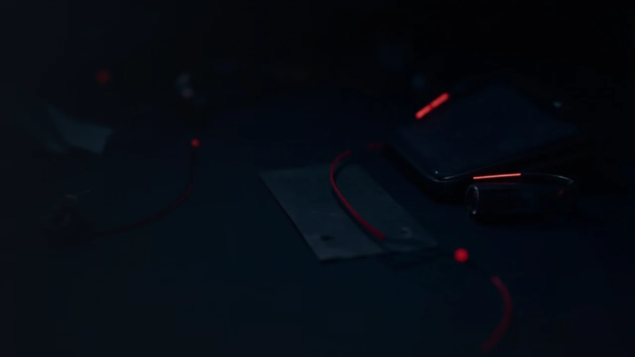 A blank hardware wallet, a steel plate and a padlock on a dark navy desk lit by glowing red light, with the left side dark and empty.