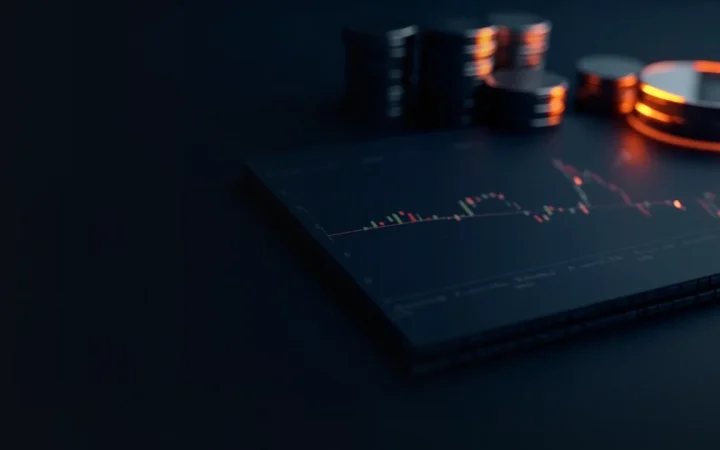 A dark navy desk with blank coins, a glowing chart and a magnifying glass.