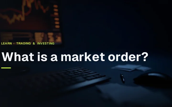 The title What is a market order over a dark desk with a glowing orange chart and keyboard.