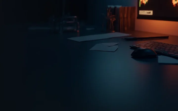A dark desk with a glowing orange chart and keyboard.