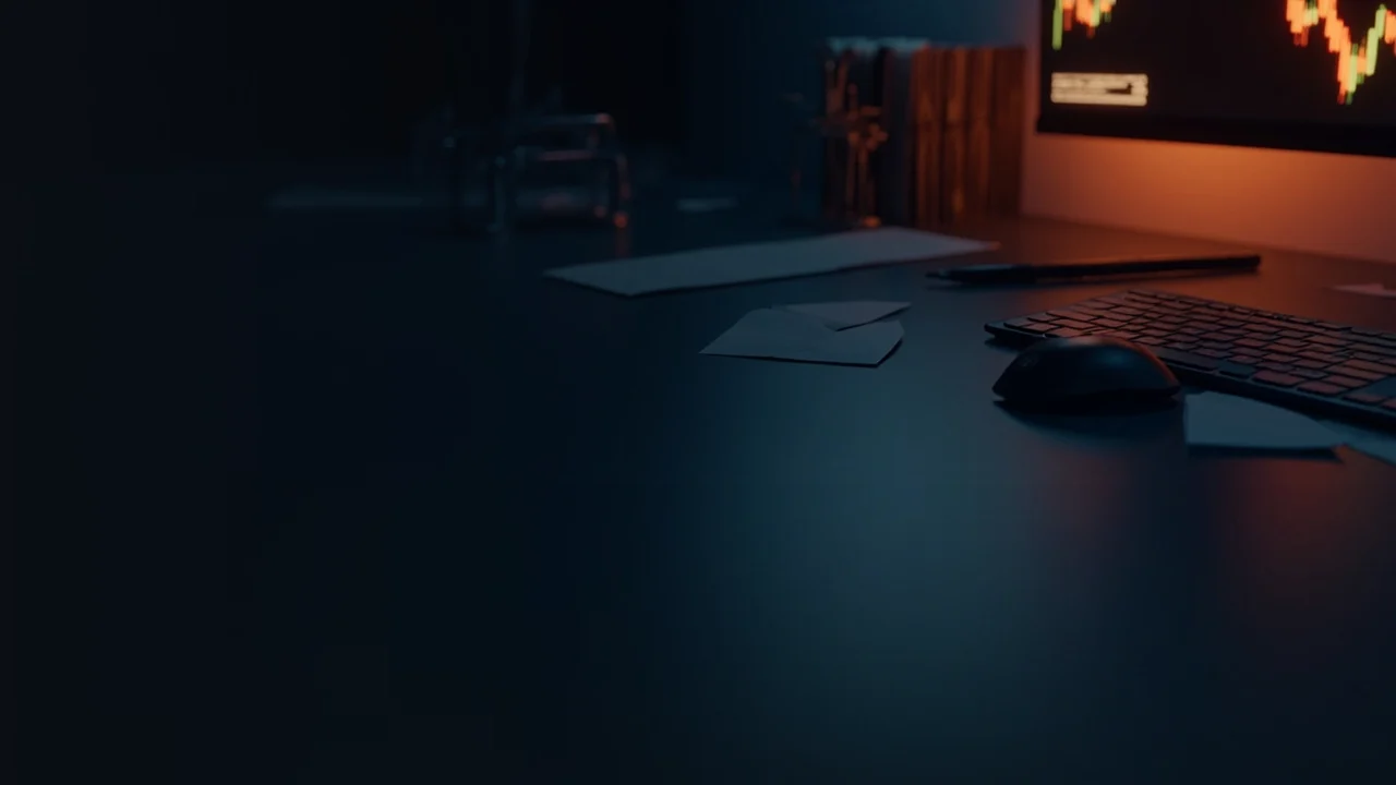 Et mørkt skrivebord med et glødende orange diagram og tastatur.