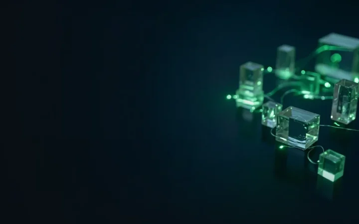 A dark navy background with glowing green glass blocks joined by light lines on the right.