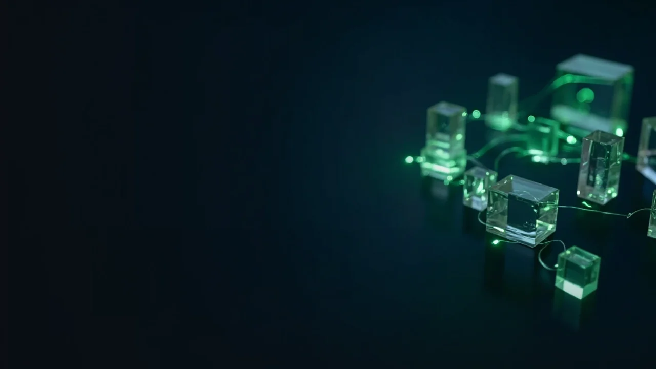 A dark navy background with glowing green glass blocks joined by light lines on the right.