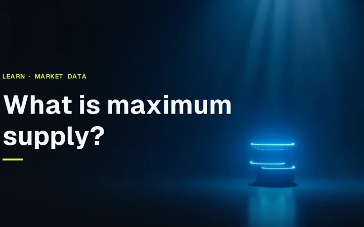 A glowing blue coin stack on a dark navy background with the title 'What is maximum supply?' across the top.