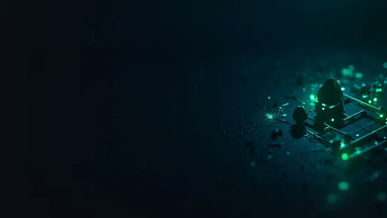 L'arrière-plan montre le et un fond de formes géométriques vertes lumineuses sur un champ bleu marine foncé.