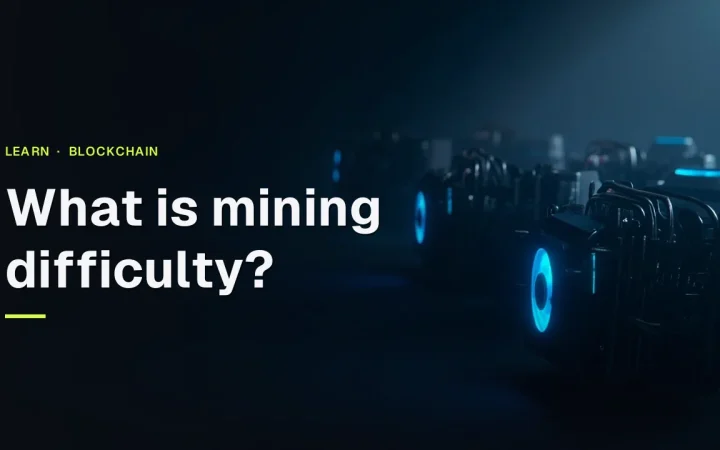 The title What is mining difficulty? over rows of dark mining machines with glowing cyan fans and cables on the right.