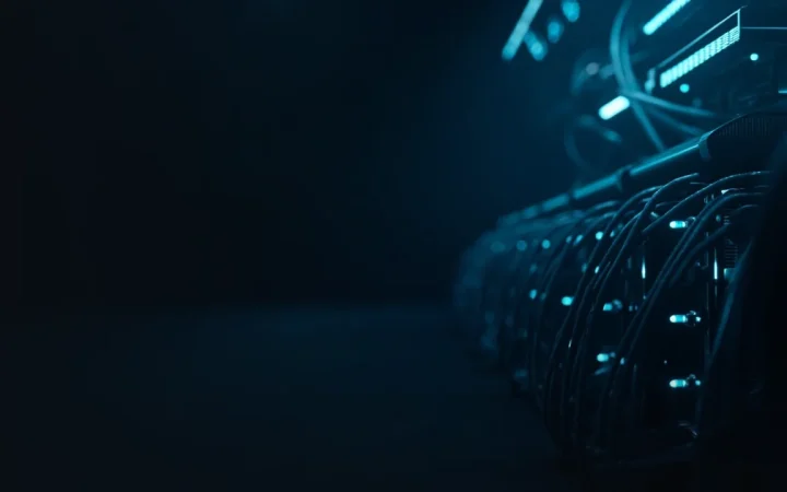 Rækker af mørke mining-maskiner med glødende cyan-blæsere og kabler til højre.