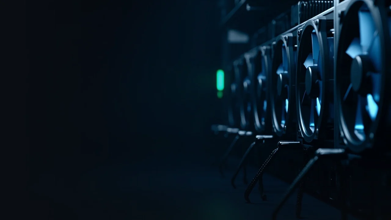 A dark background of glowing mining machines and cables.