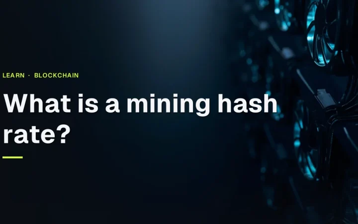 The title What is a mining hash rate? appears over a dark background of glowing mining machines and cables.