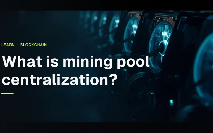 The title sits over rows of dark mining machines with glowing cyan fans and cables on the right, against a dark navy background.