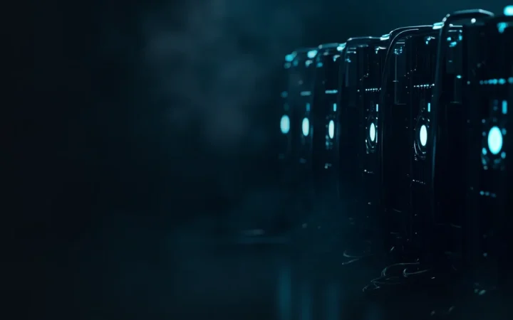 Des rangées de machines de minage sombres avec des ventilateurs cyan lumineux et des câbles à droite, sur un fond bleu marine foncé.