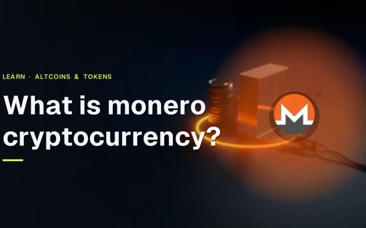 The title What is Monero with the Monero logo over a glowing orange ring around blank coins and a glass block on dark navy.