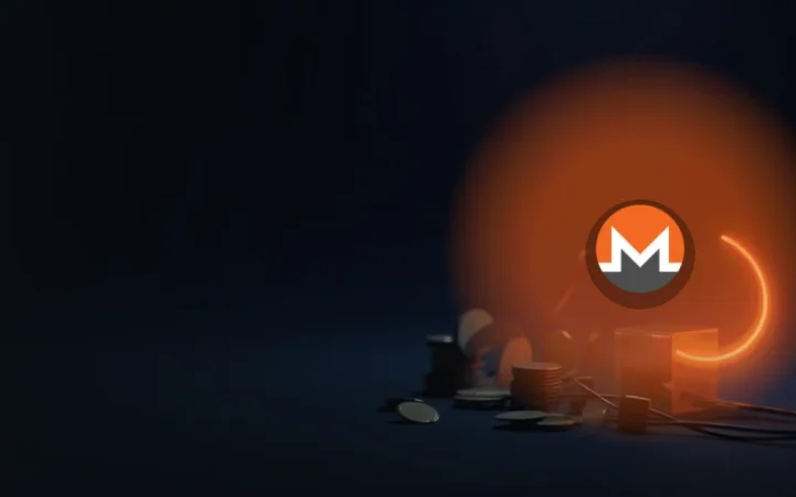 The Monero logo over a glowing orange ring around blank coins and a glass block on dark navy.