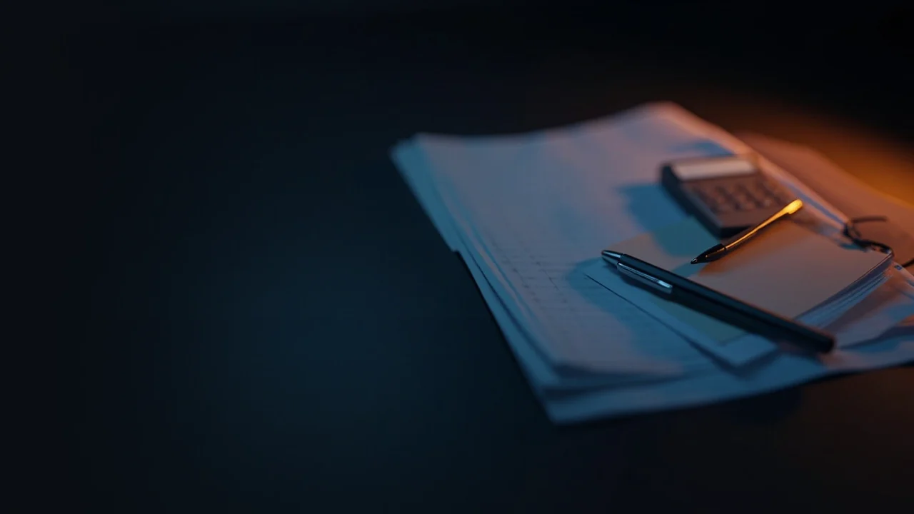 Dunkelblaue Formulare, ein Ordner, ein Stift und ein Taschenrechner mit leerem Display.