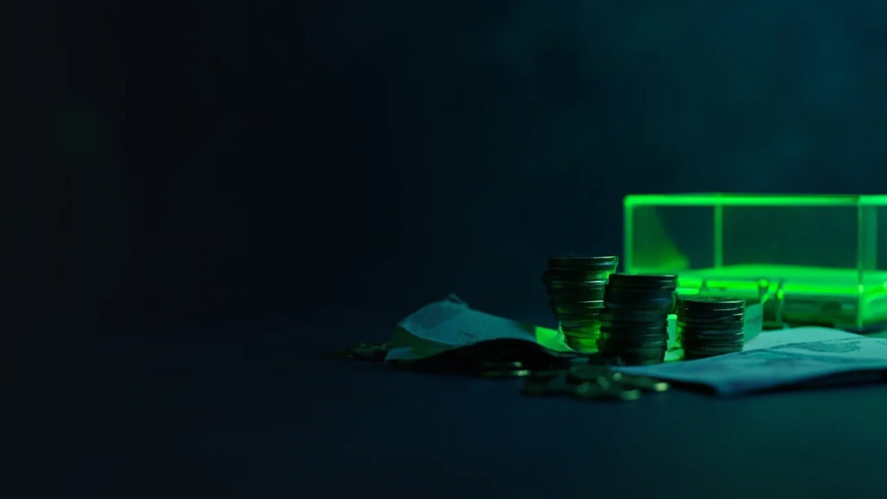 Des piles de pièces vierges, un coffre en verre et du papier-monnaie dans une lumière vert lime sur fond bleu marine foncé.