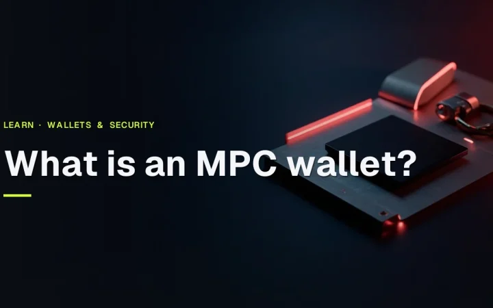 A hardware wallet with a blank screen, a steel plate and a padlock glow red on a dark navy background beside the guide title.