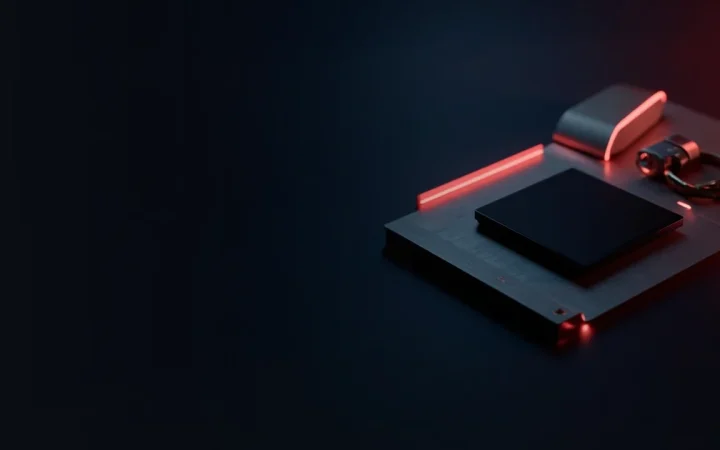 En hardware wallet med en tom skærm, en stålplade og en hængelås lyser rødt på en mørk navyblå baggrund.