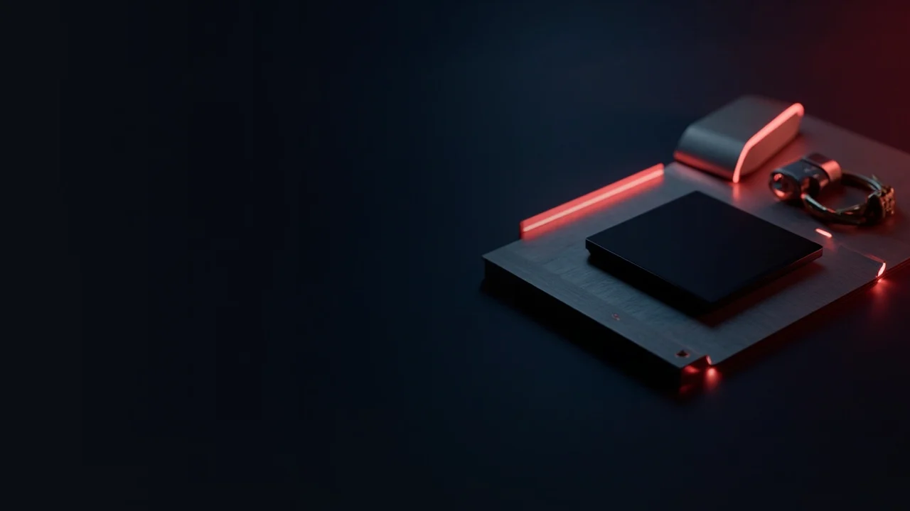 Ein Hardware-Wallet mit leerem Bildschirm, eine Stahlplatte und ein Vorhängeschloss leuchten rot auf dunkelblauem Hintergrund.