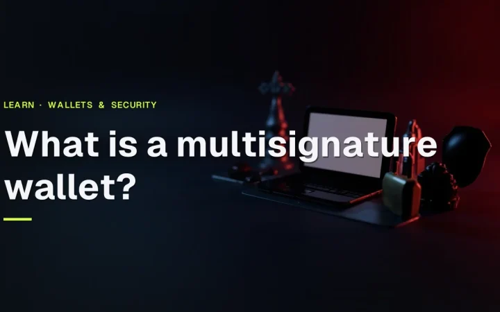 What is a multisignature wallet title over a dark navy background with a blank-screen wallet device, steel plate, padlock and shield in red light.