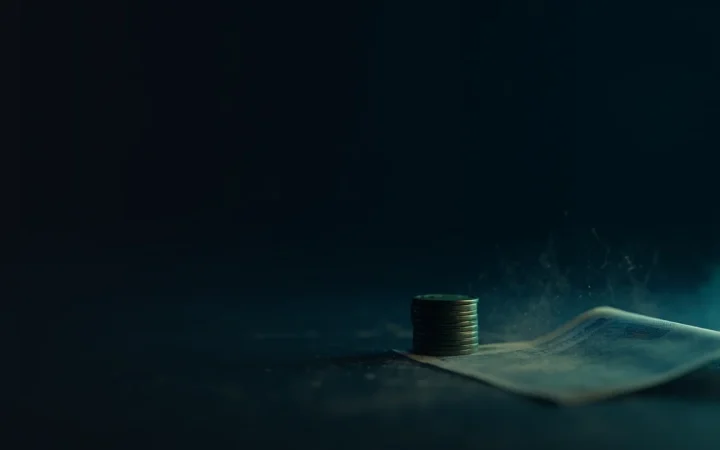 Une pile de pièces vierges et du papier-monnaie vierge sur la droite, éclairés en vert lime sur fond bleu marine foncé.