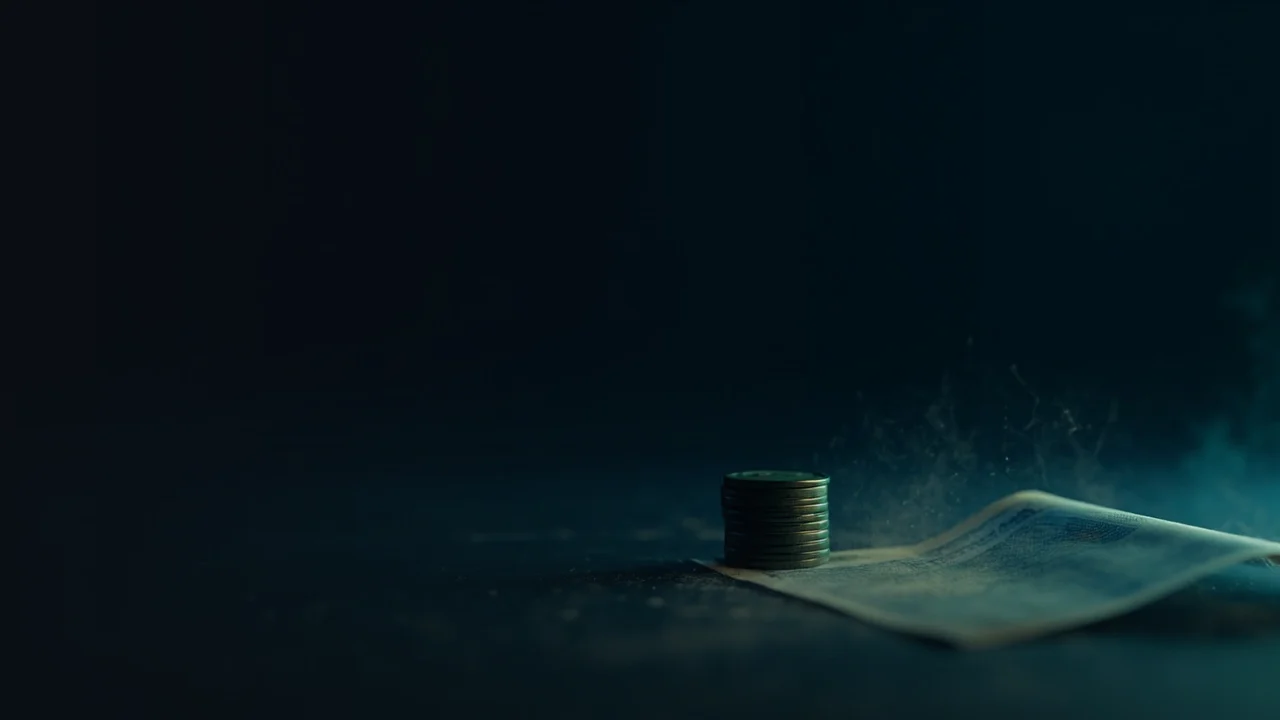 Una pila de monedas en blanco y papel de billete en blanco a la derecha, iluminados en verde lima sobre azul marino oscuro.