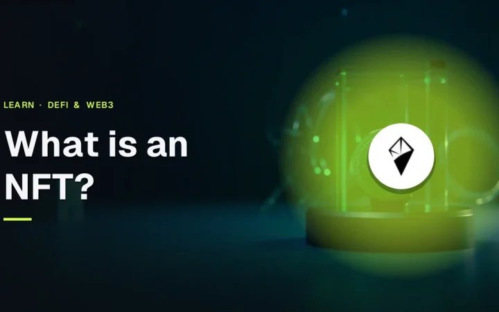 The title What is an NFT? and the AINFT logo over a dark navy background with a glowing green digital token and floating frames.
