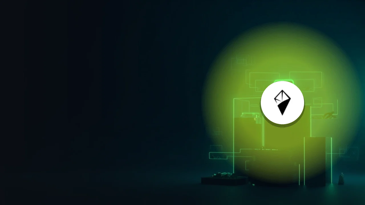 Das AINFT-Logo über einem dunkelblauen Hintergrund mit einem leuchtenden grünen digitalen Token und schwebenden Rahmen.