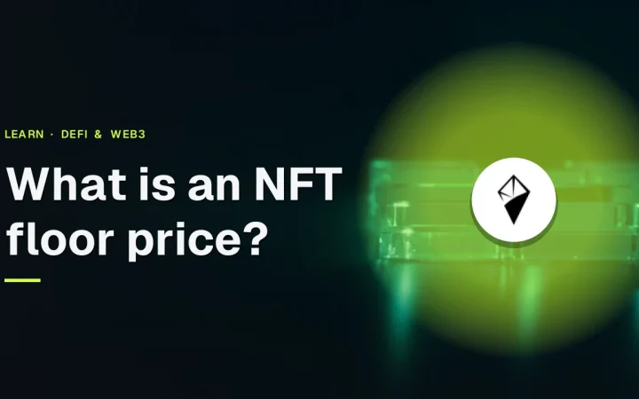 Titlen What is an NFT floor price vises over en mørk baggrund med glødende grønne glasfliser til højre.