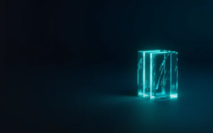 Un fond bleu marine foncé avec des blocs de verre cyan lumineux reliés par des lignes claires sur la droite.