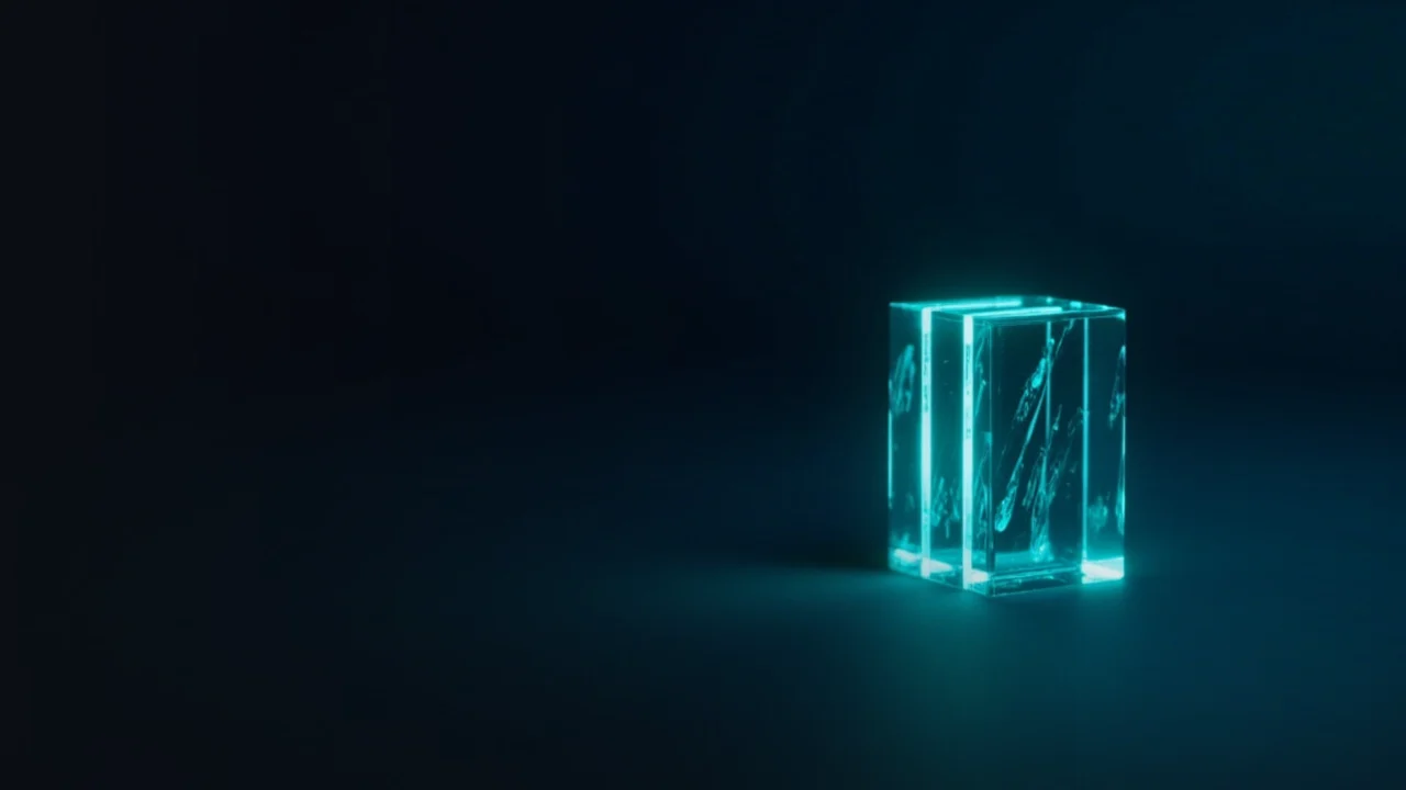 En mørk navyblå baggrund med glødende cyan glasblokke forbundet af lyse linjer til højre.