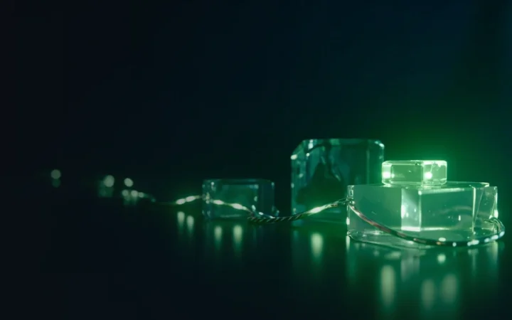 A dark navy background with glass blocks linked by lime green light.