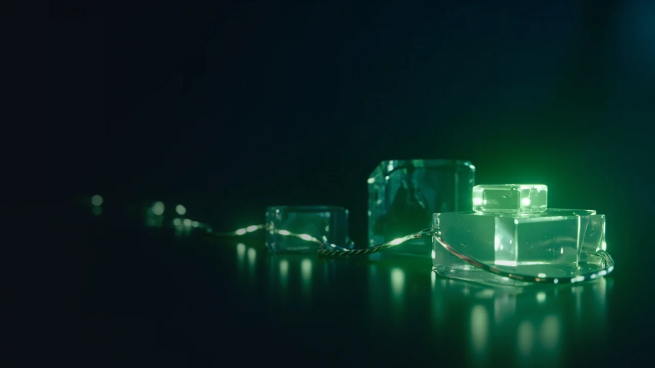 En mørk navyblå baggrund med glasblokke forbundet af limegrønt lys.