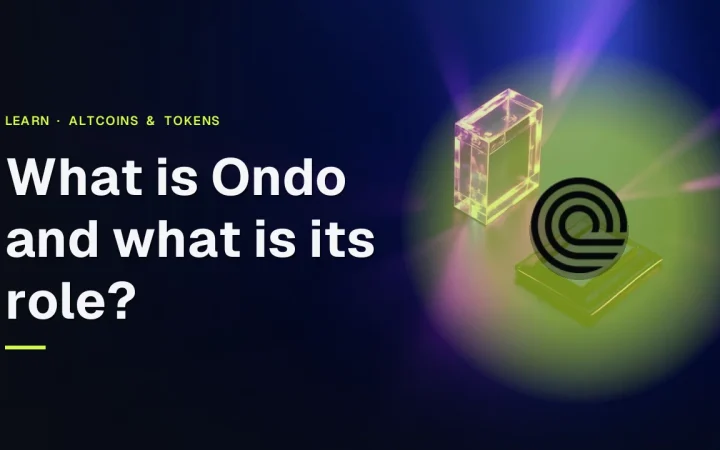 Ondo-guideforside med ONDO-logoet og titlen over en mørk marineblå scene med glødende glasblokke og en hardware-wallet med tom skærm.