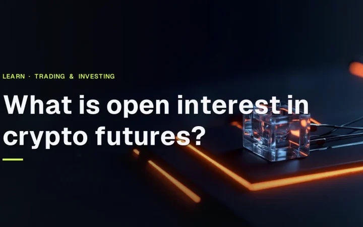 Titlen What is open interest in crypto futures? over en mørk navyblå baggrund med glødende orange glaskuber og kabler til højre.